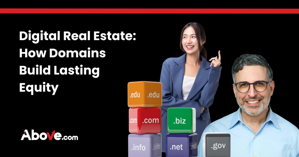 Woman standing behind a stack of building blocks with popular domain extensions printed on them. A Man is next to her smiling.